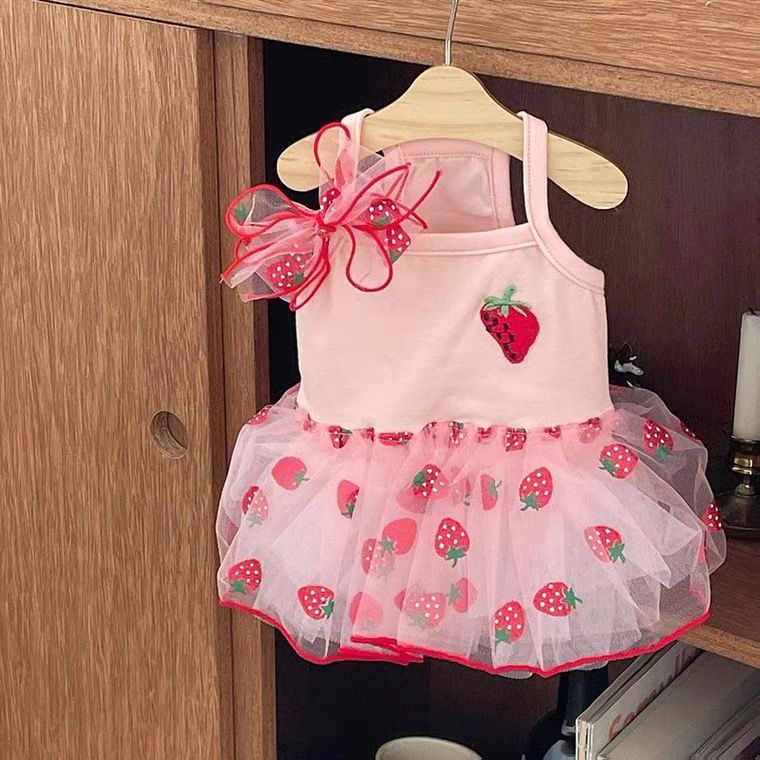 Pet Cute Mesh Strawberry Strap Dress Lightweight Apparel