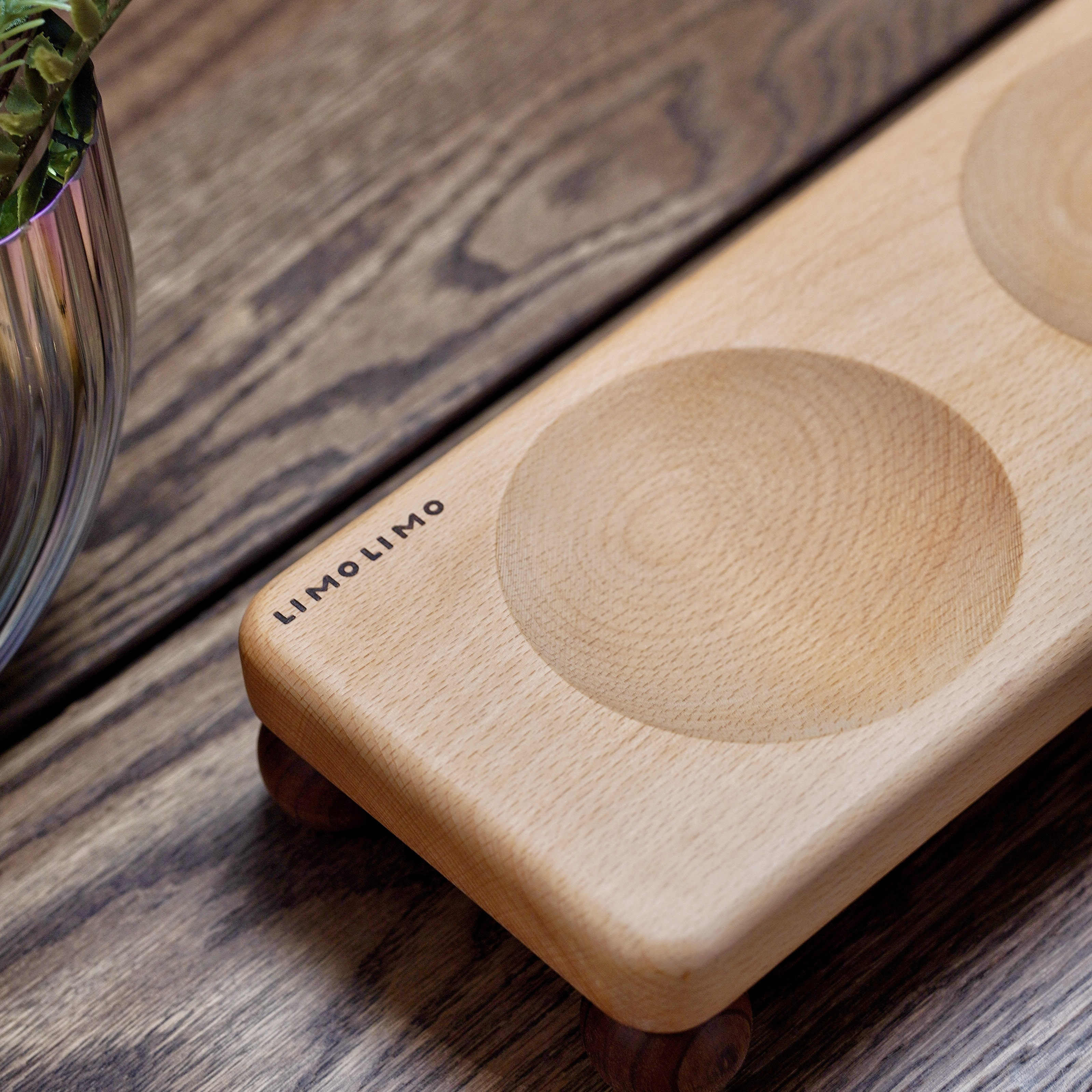 Solid Wood Base Ceramic Pet Feeding Bowl Set