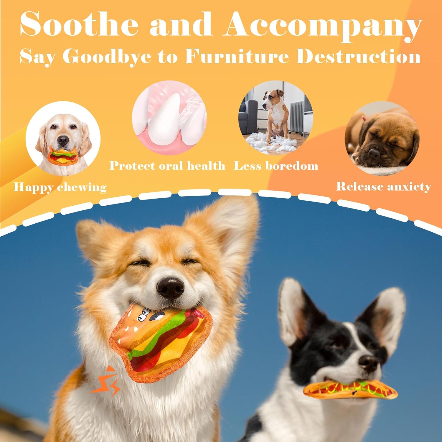 Crinkle Squeaky Stuffless Durable Interactive Chew Toy Hamburger