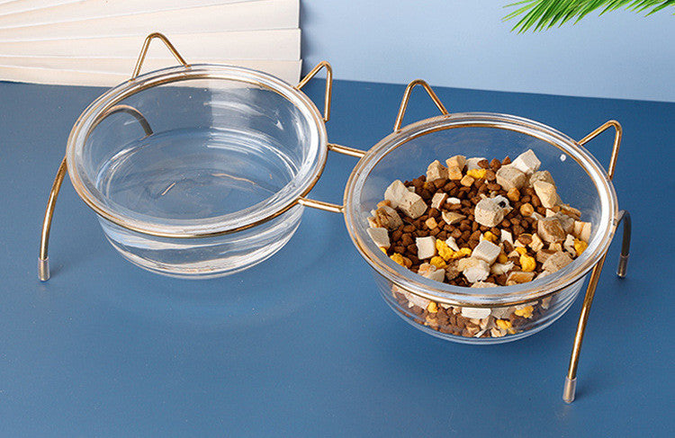 Glass Food and Water Bowl with Metal Rack for Pets