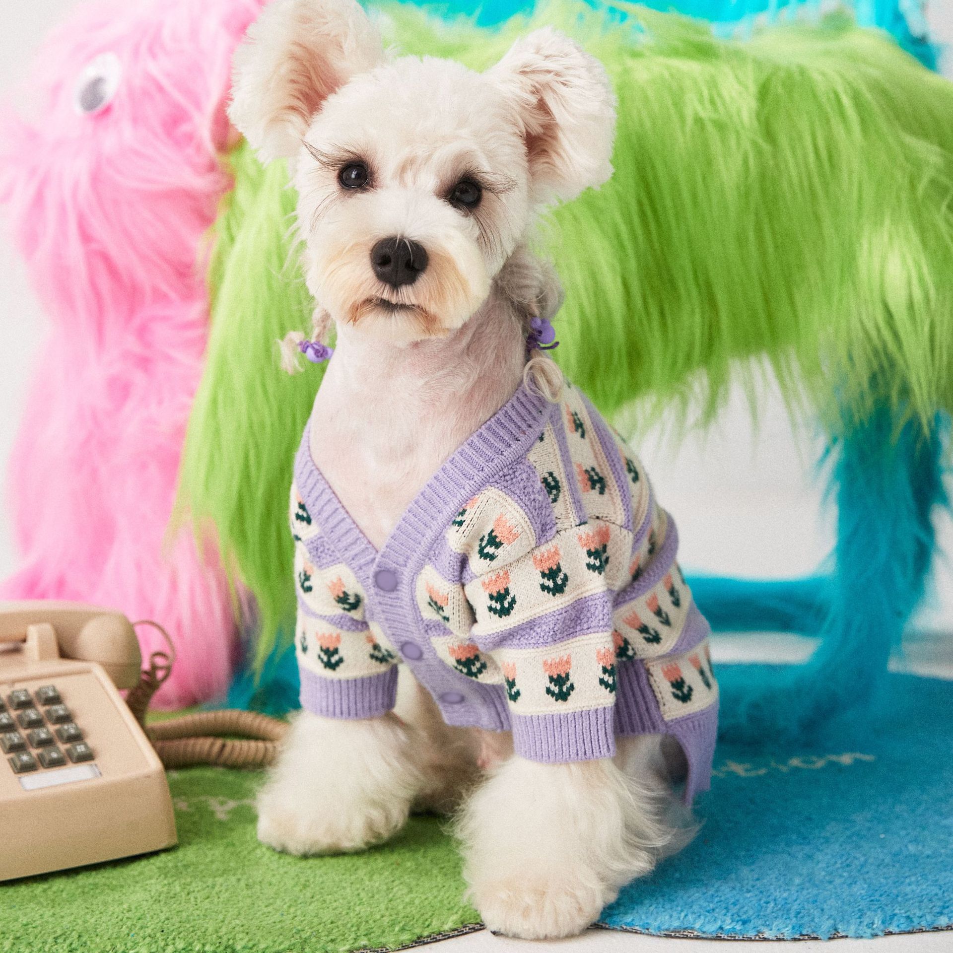 Purple Flower Pet Sweater Cardigan Soft Warm Clothing