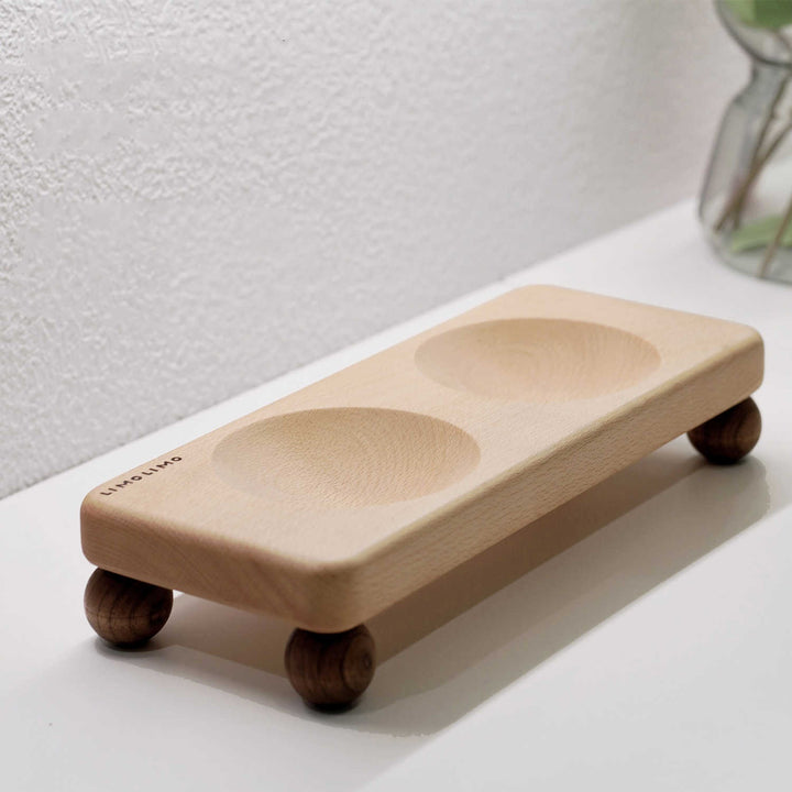 Solid Wood Base Ceramic Pet Feeding Bowl Set
