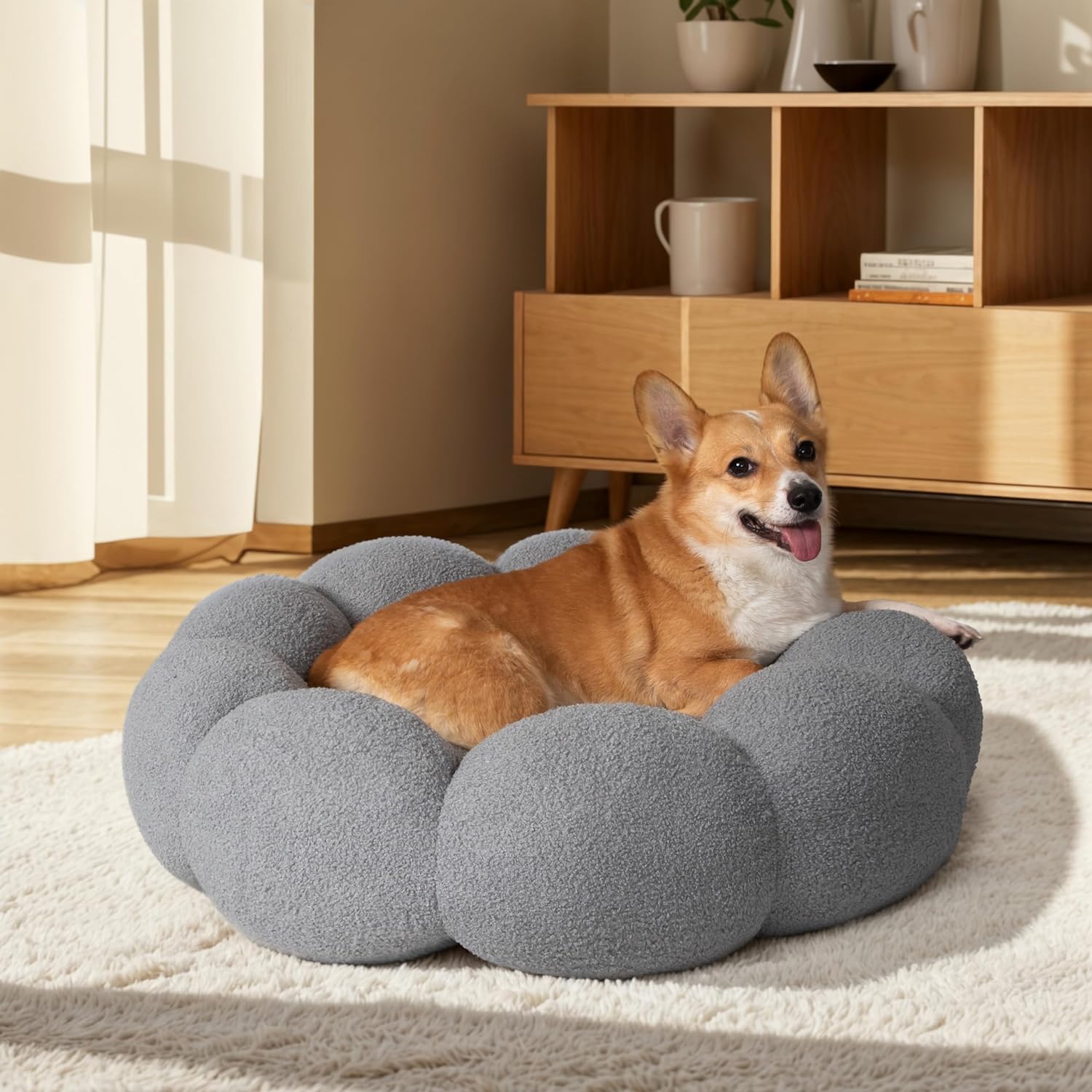Fluffy Flower Calming Donut Bed for Pets Plush Round Cuddler