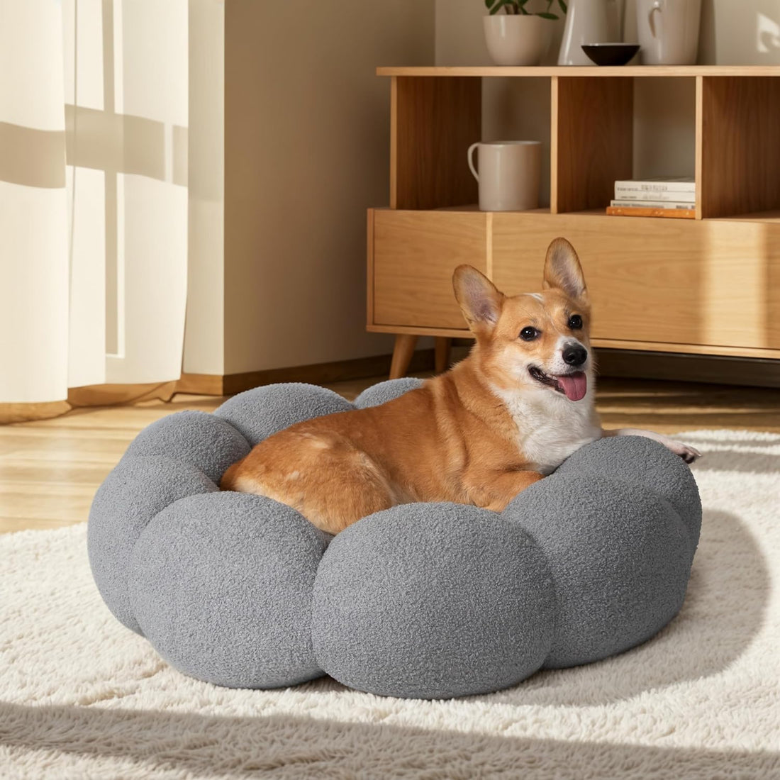 Fluffy Flower Calming Donut Bed for Pets Plush Round Cuddler