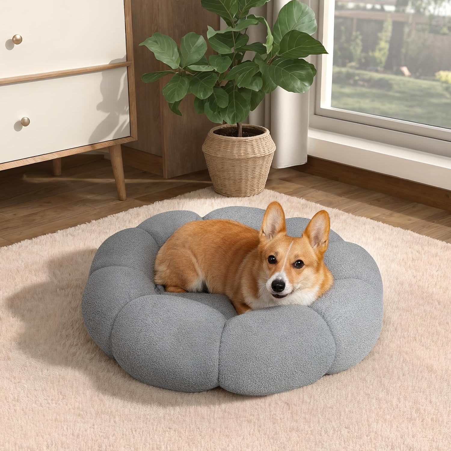 Fluffy Flower Calming Donut Bed for Pets Plush Round Cuddler