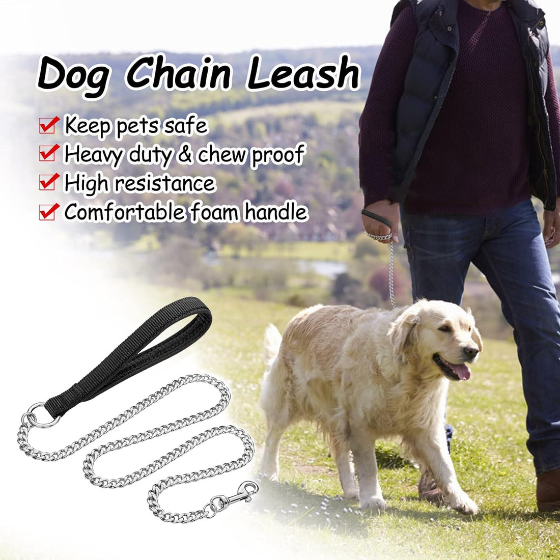 Heavy-Duty Metal Chew-Proof Leash with Padded Handle for Pets