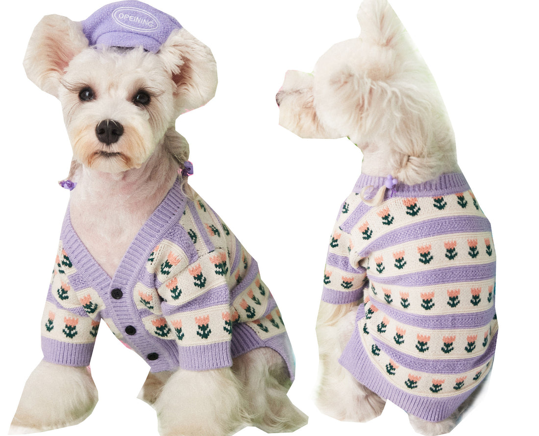 Purple Flower Pet Sweater Cardigan Soft Warm Clothing