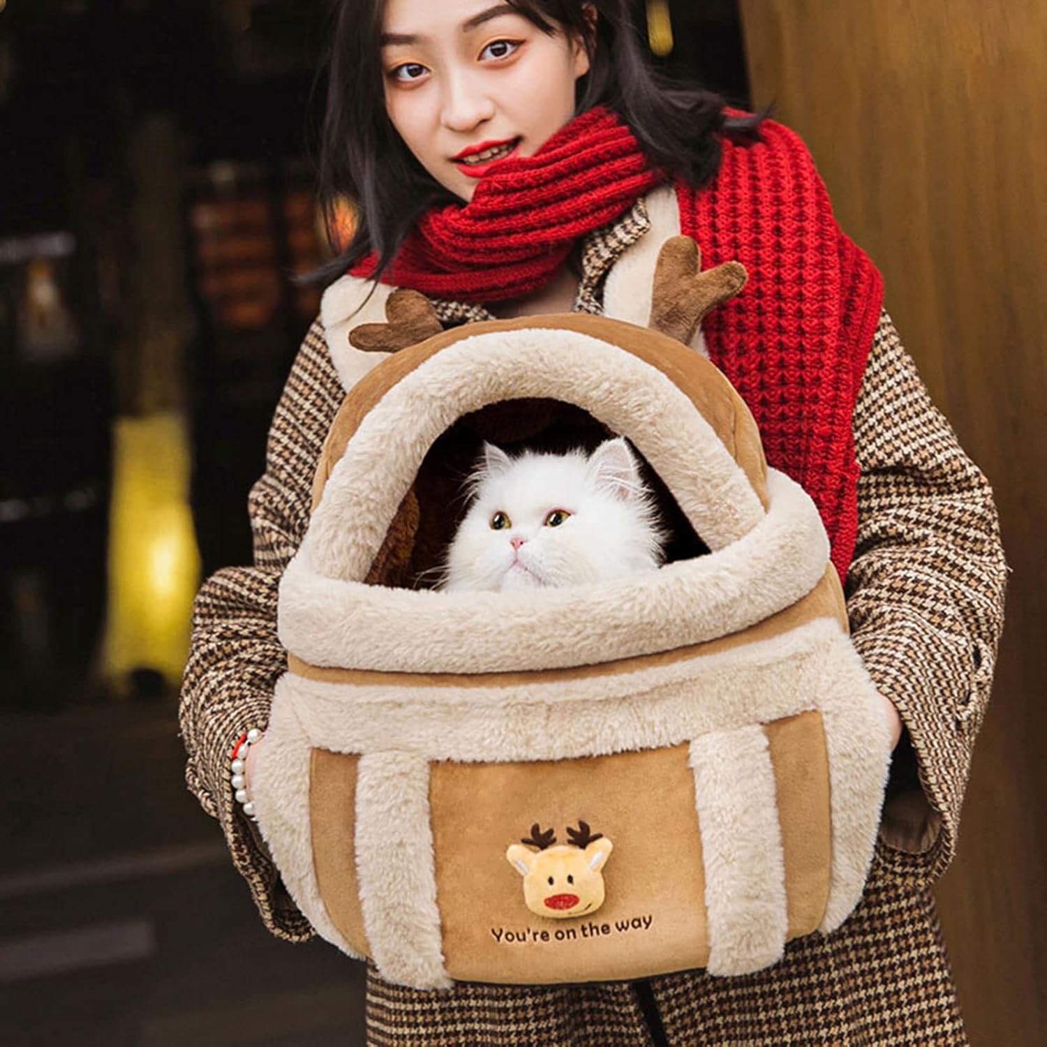 Plush Pet Carrier Backpack Winter Outdoor Travel Bag With Hand Warmers