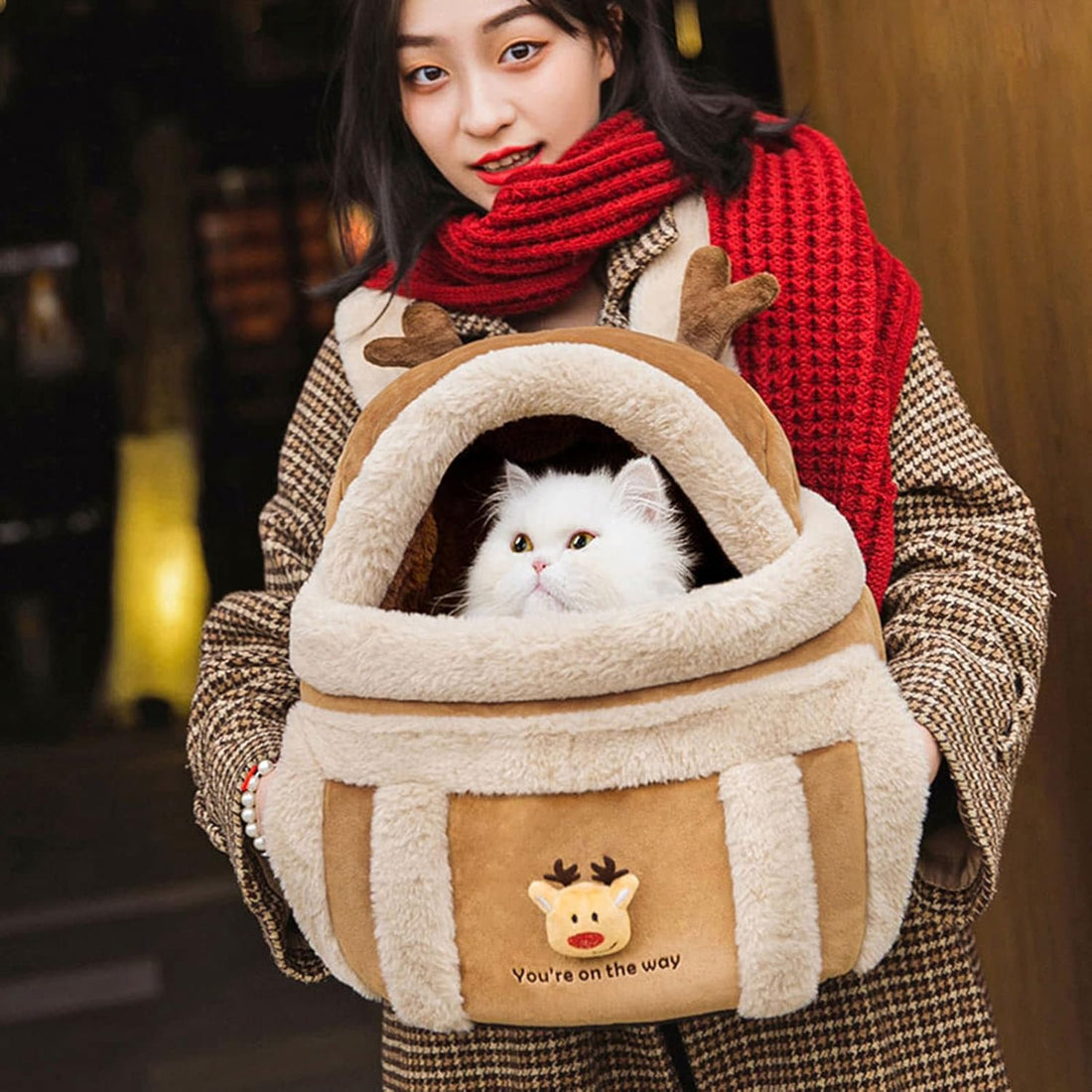 Plush Pet Carrier Backpack Winter Outdoor Travel Bag With Hand Warmers
