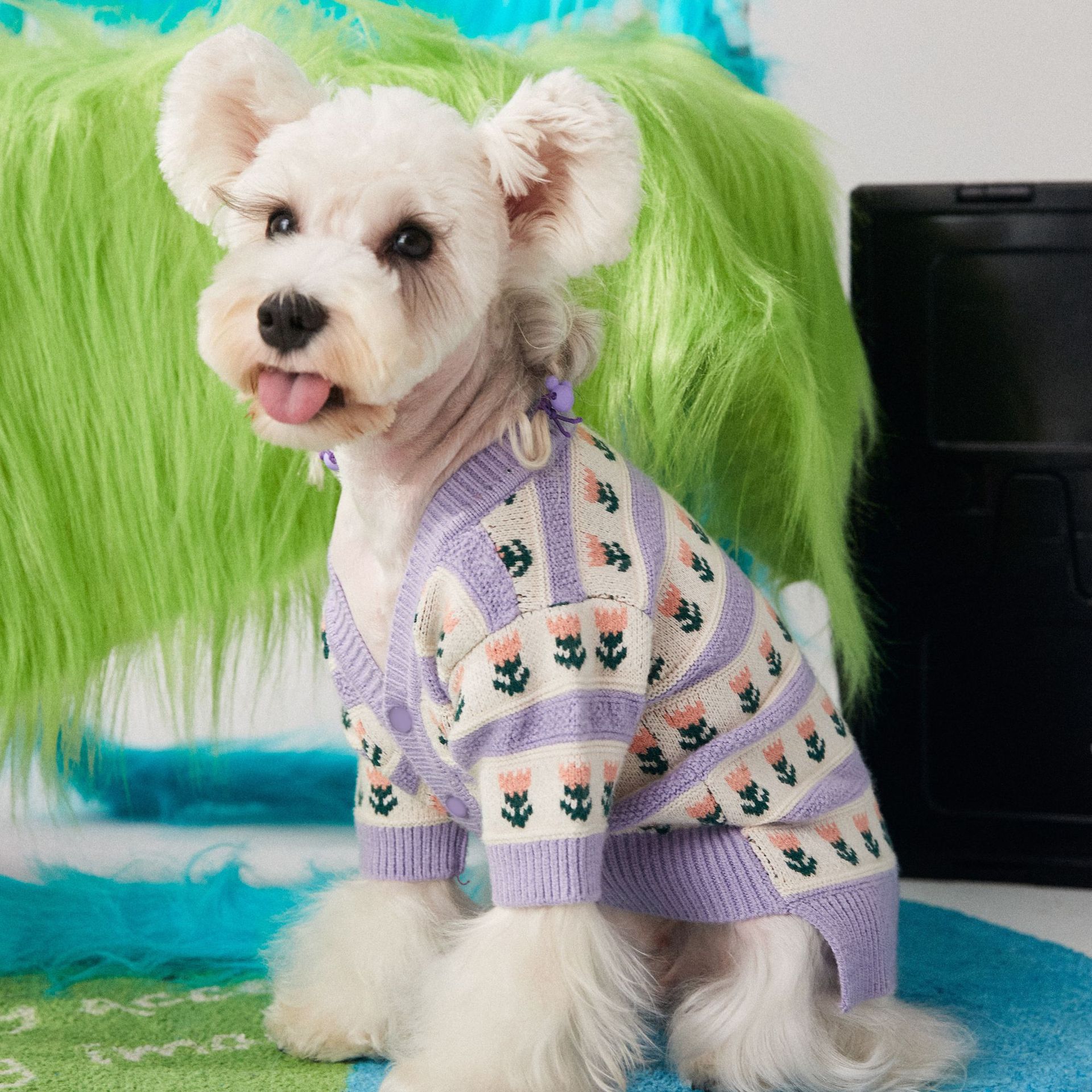 Purple Flower Pet Sweater Cardigan Soft Warm Clothing