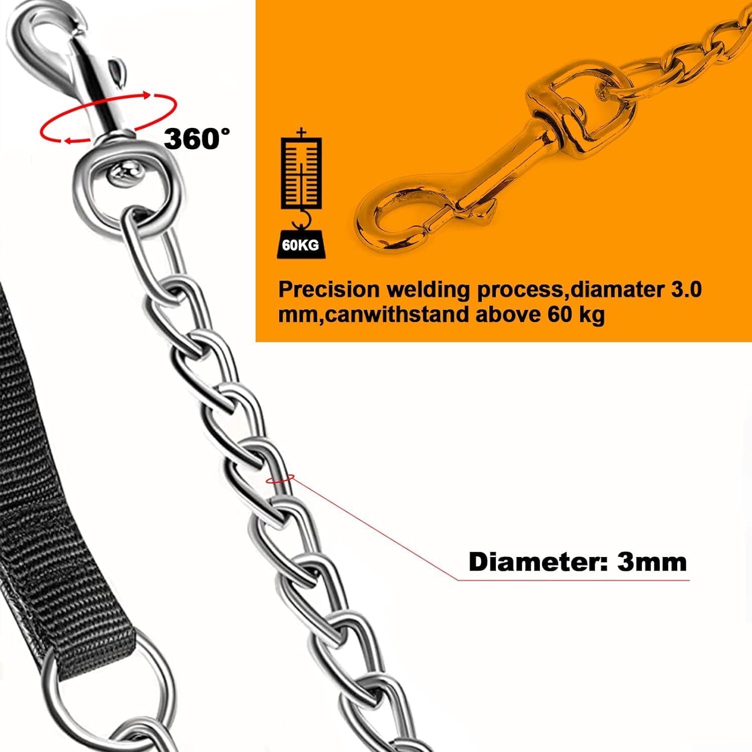 Heavy-Duty Metal Chew-Proof Leash with Padded Handle for Pets