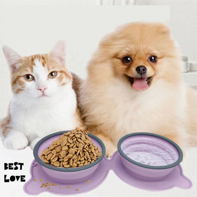 Portable Silicone Double Pet Feeding Bowls Foldable Non Slip Travel Bowl