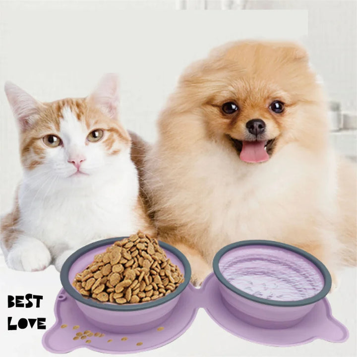 Portable Silicone Double Pet Feeding Bowls Foldable Non Slip Travel Bowl