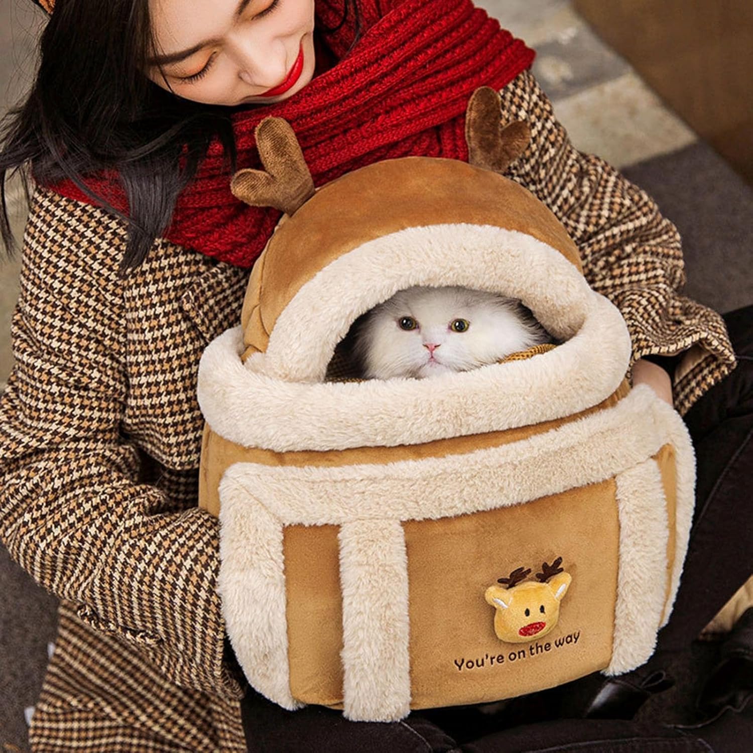 Plush Pet Carrier Backpack Winter Outdoor Travel Bag With Hand Warmers