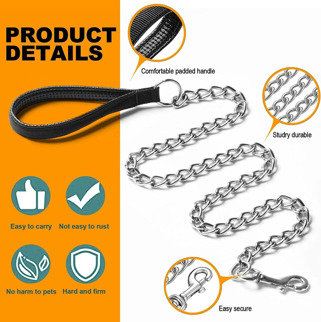 Heavy-Duty Metal Chew-Proof Leash with Padded Handle for Pets
