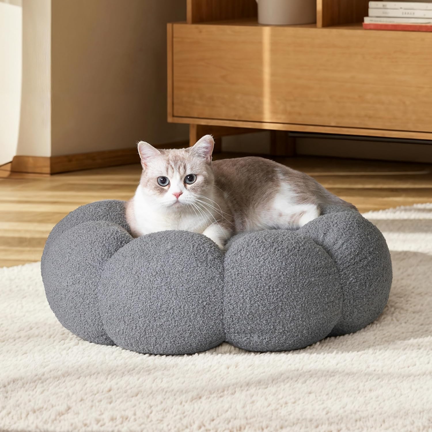 Fluffy Flower Calming Donut Bed for Pets Plush Round Cuddler
