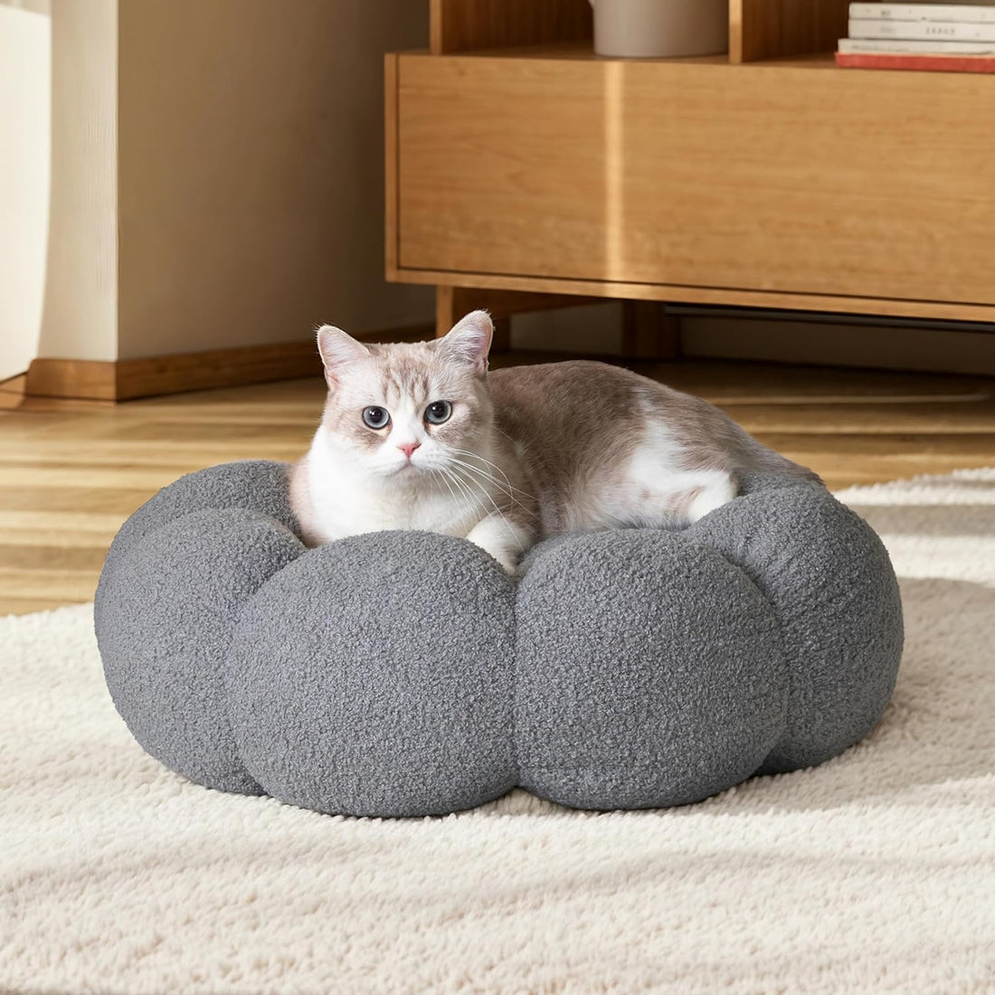 Fluffy Flower Calming Donut Bed for Pets Plush Round Cuddler